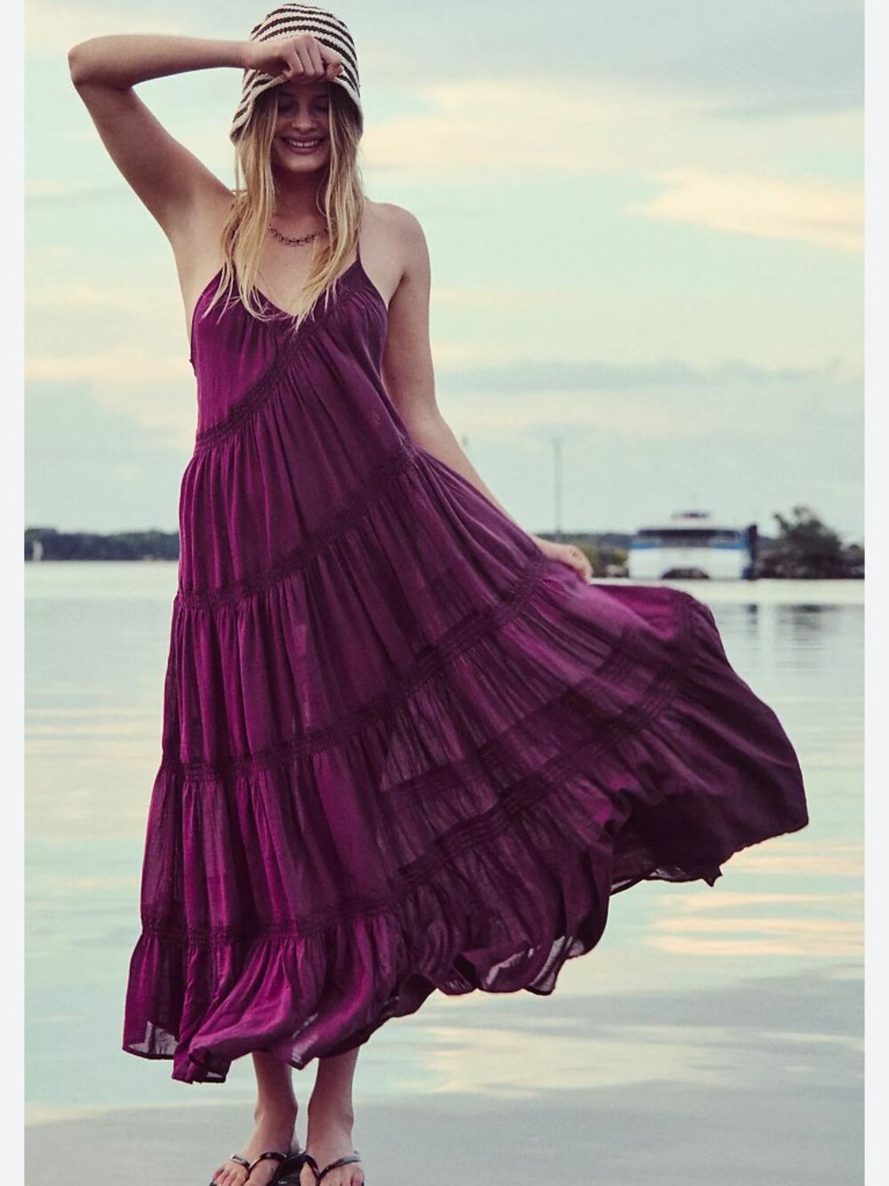 Free People Free-Est Robe Horizon Coast Maxi Dress Sheer Tiered Purple M 290469